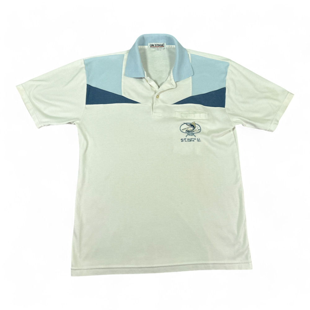 Vintage Polo Shirt Adult MEDIUM White Blue St Maarten Fishing Color Block 90s